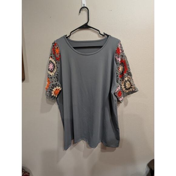 Granny square crochet multi color sleeved grey blouse size XXL - Picture 1 of 6